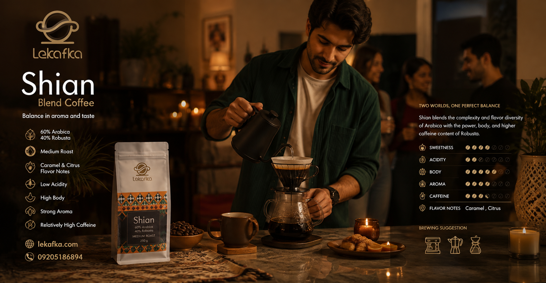 قهوه شیان؛ ترکیب ۶۰٪ عربیکا و ۴۰٪ روبوستا با عطر قوی و تن‌واری بالا